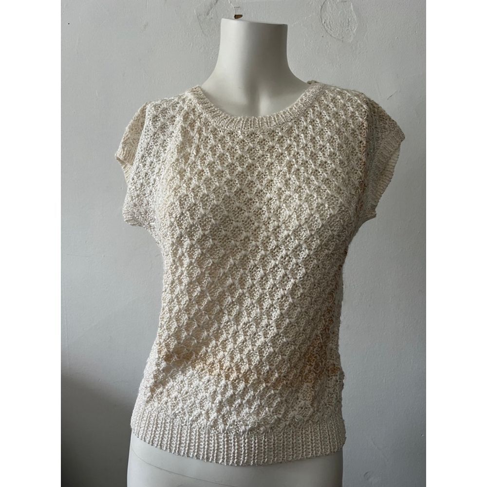 Vtg 80s Short Sleeve Knit Sweater Top S Cream Romantic Soft Girl Prairie Cottage